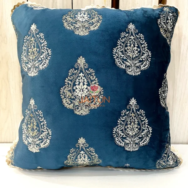 Single teal blue velvet cushion cover with detailed zari and thread embroidery pattern on front