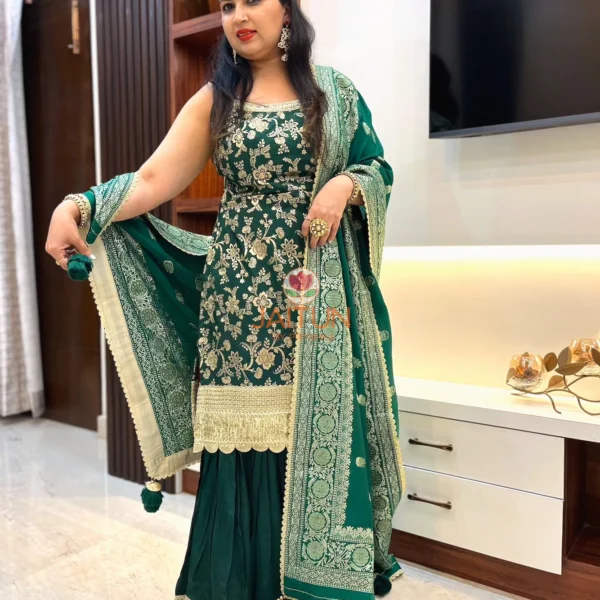 Emerald Enchant Sharara Suit Set with embroidered dupatta styled over both shoulders, showing gold and green work
