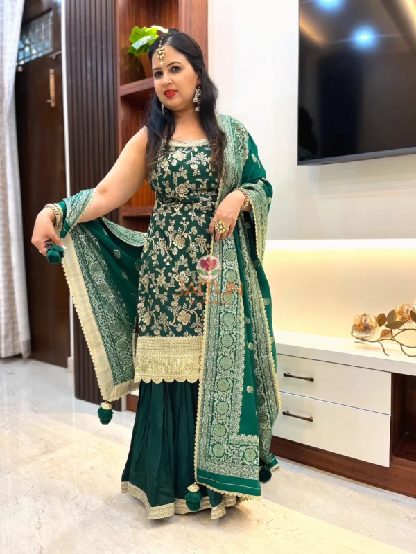Emerald Enchant Sharara Suit Set with embroidered dupatta styled over both shoulders, showing gold and green work