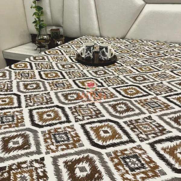 Bedroom view of Kalahari Ikat Geometric Bed sheet Set spread on bed, featuring all-over ikat diamond motif and coordinated pillow covers