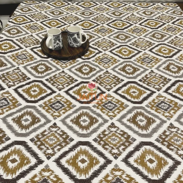 Full angled view of Kalahari Ikat Geometric Bed sheet Set with mustard, brown, and grey ikat diamond print on bed