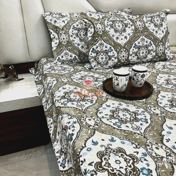 Angle display of Siena Heritage Damask Bed Sheet Set showing all-over damask pattern and pillow covers in a bedroom