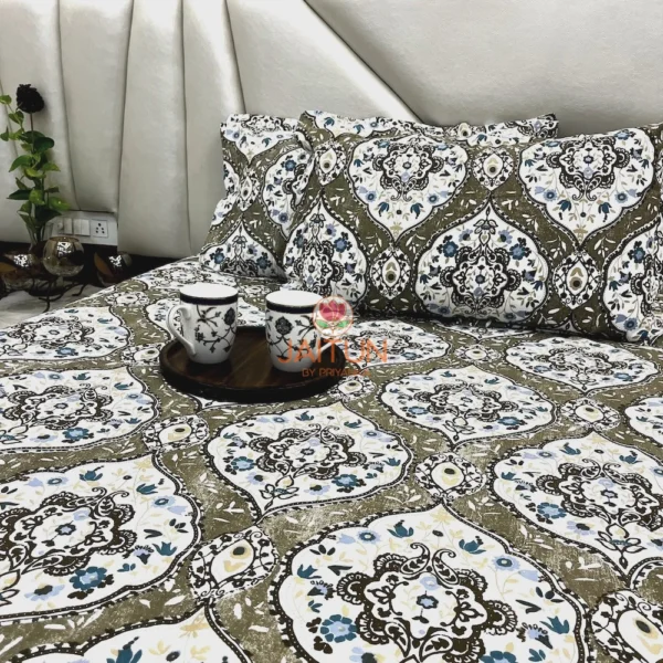 Decor view of Siena Heritage Damask Bed Sheet Set with floral damask motifs, styled with mugs on wooden tray