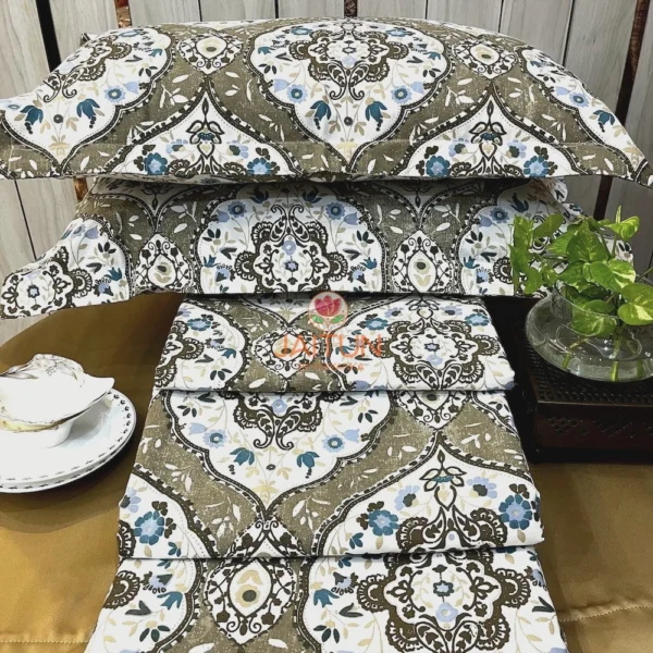 Stacked view of Siena Heritage Damask Bed Sheet Set featuring olive green and beige damask patterns with pillow covers