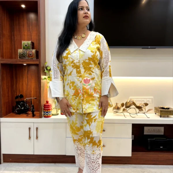 Sunlit Grace Co-ord Set with yellow floral print, lace trim pants, and detailed sleeves shown from the front