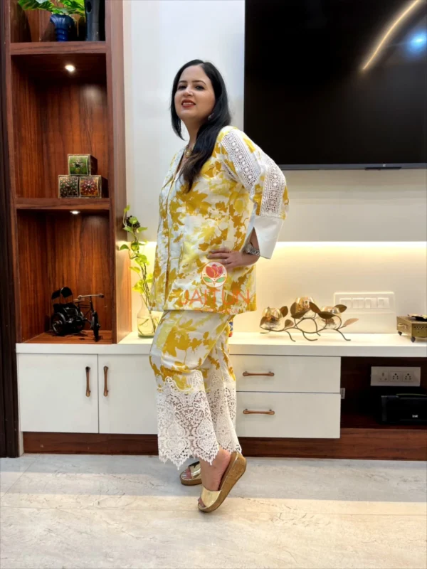 Sunlit Grace Co-ord Set side view highlighting the lace-embellished pants and yellow floral design