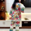 Back view of Tropical Bloom Co-ord Set with floral prints and pastel color block pants