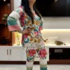 Model striking a fashion pose in the Tropical Bloom Co-ord Set with floral and lace details