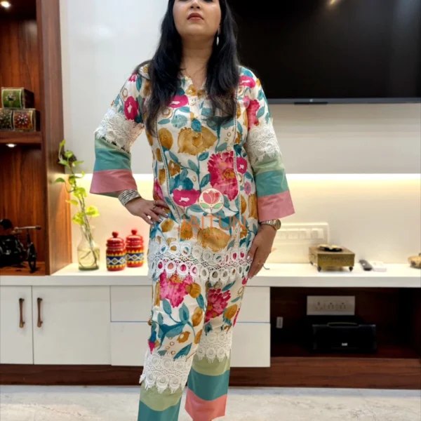 Full front view of Tropical Bloom Co-ord Set highlighting floral prints and unique lace accents