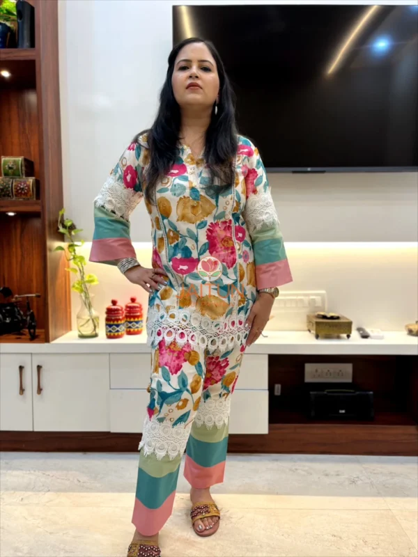 Full front view of Tropical Bloom Co-ord Set highlighting floral prints and unique lace accents