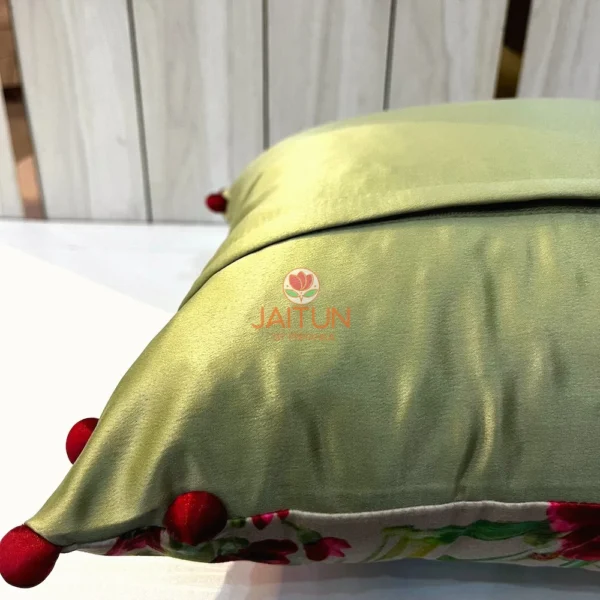 Tropical Parrot Paradise Embroidered Cushion Cover Backside - Solid Green Flap Closure with Pom-Pom Edges
