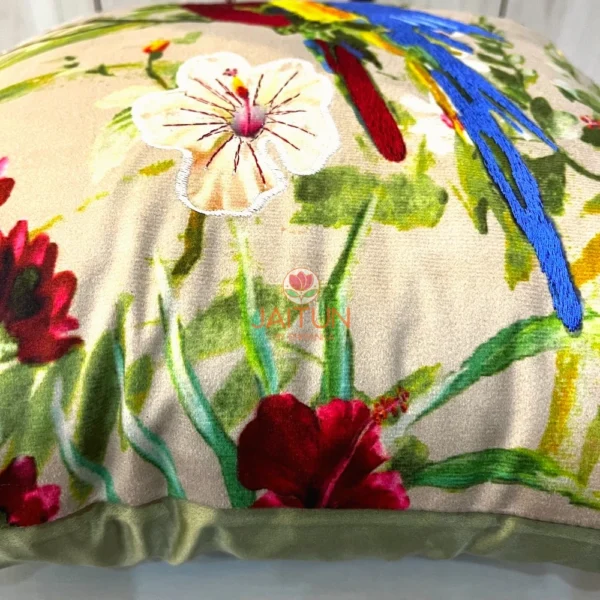 Tropical Parrot Paradise Cushion Cover Close-Up - Intricate Embroidered Flower Detail and Parrot Feathers