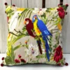 Tropical Parrot Paradise Embroidered Cushion Cover - Detailed Front View with Blue, Red, and White Parrots and Hibiscus Flowers