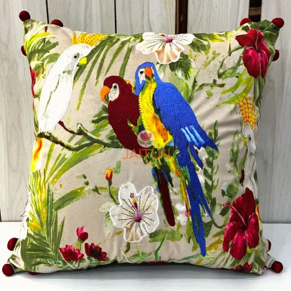 Tropical Parrot Paradise Embroidered Cushion Cover - Detailed Front View with Blue, Red, and White Parrots and Hibiscus Flowers