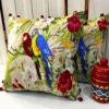 Set of Tropical Parrot Paradise Embroidered Cushion Covers - Colorful Parrot Birds and Red Florals on Sofa with Jar