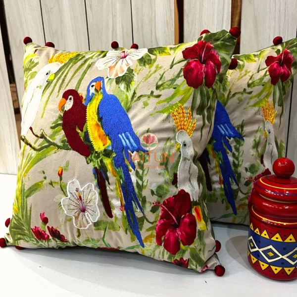 Set of Tropical Parrot Paradise Embroidered Cushion Covers - Colorful Parrot Birds and Red Florals on Sofa with Jar