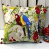 Pair of Tropical Parrot Paradise Embroidered Cushion Covers - Exotic Parrot Birds with Hibiscus Flowers for Modern Sofa Styling