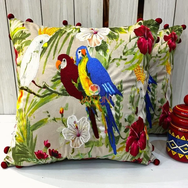 Pair of Tropical Parrot Paradise Embroidered Cushion Covers - Exotic Parrot Birds with Hibiscus Flowers for Modern Sofa Styling