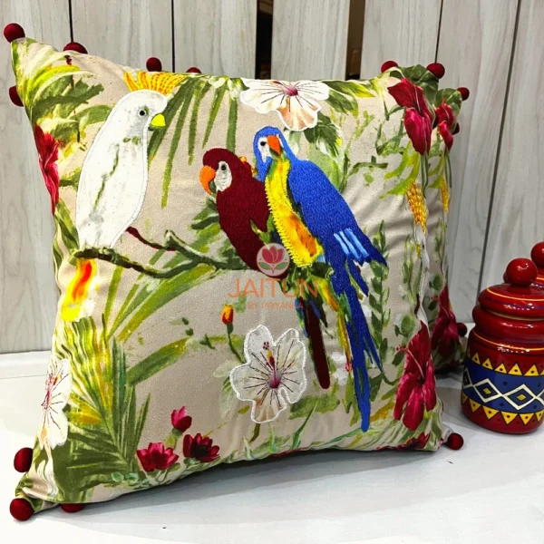 Tropical Parrot Paradise Embroidered Cushion Cover Front - Blue, Red, and White Parrots with Floral Motif