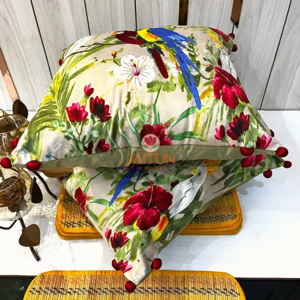 Set of Tropical Parrot Paradise Embroidered Cushion Covers Stacked - Colorful Parrot and Floral Design for Living Room Decor