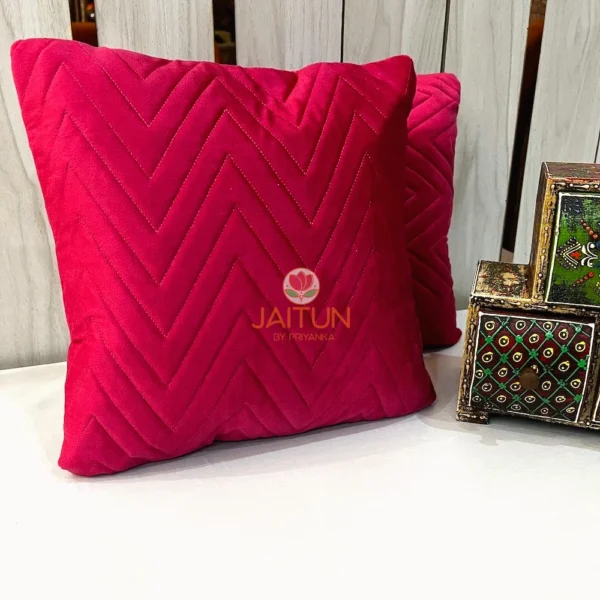 Velvet Luxe Zigzag Cushion Covers Pair in Hot Pink - Rich Chevron Velvet Texture, Modern Living Room Decor