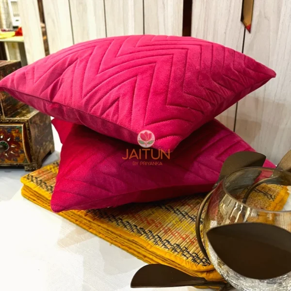 Velvet Luxe Zigzag Cushion Cover Stacked Pair in Hot Pink - Modern Chevron Design Velvet Pillows Styled for Living Room