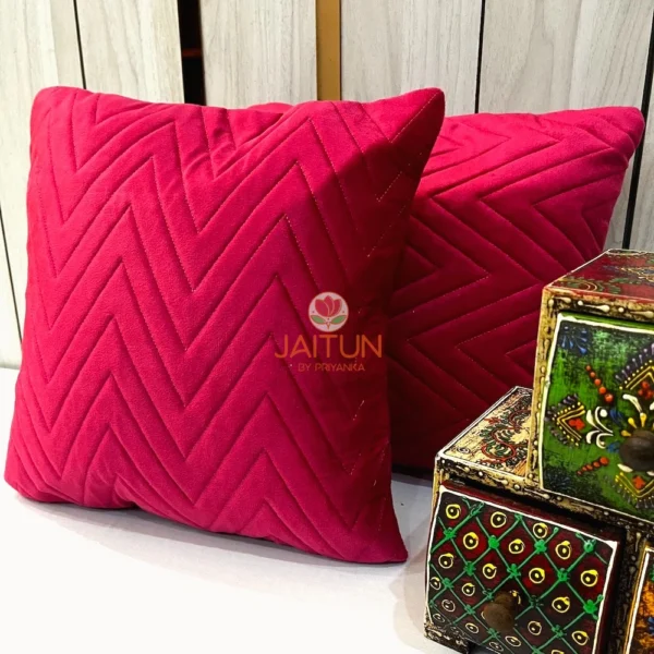 Two Velvet Luxe Zigzag Cushion Covers in Hot Pink - Modern Chevron Velvet Pillows Styled with Ethnic Decor Boxes