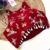 Full display of Crimson Bloom Hand-Embroidered Wedding Blouse as part of a bridal ensemble, featuring rich embroidery, pearl adornments, and festive elegance.