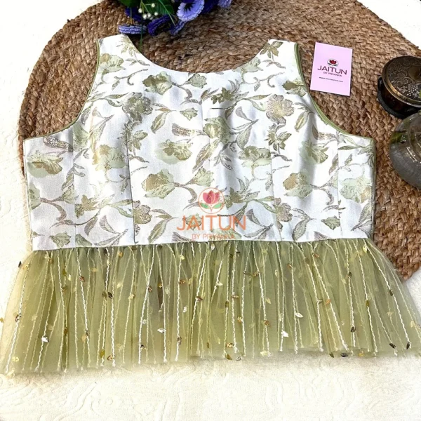 Back view of the Designer Olive Garden Brocade Peplum Blouse showing detailed floral patterns and sheer olive green tulle peplum layer.