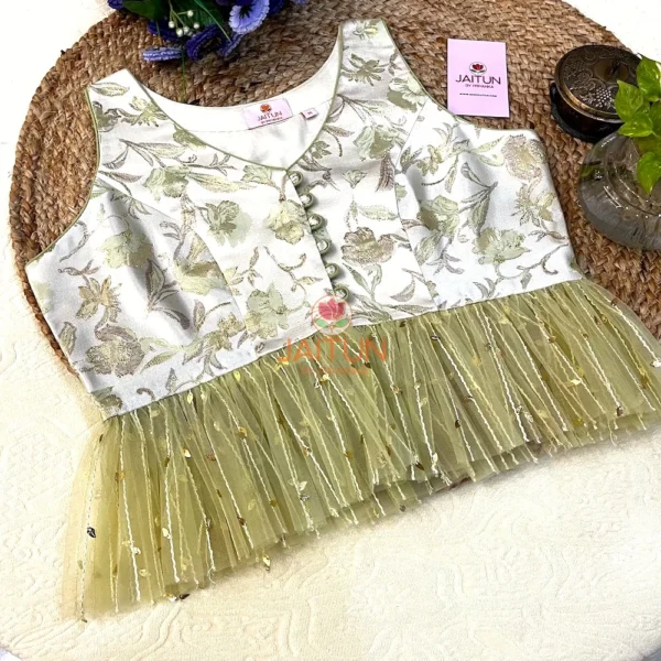 Designer Olive Garden Brocade Peplum Blouse displayed with floral accents, perfect for bridal and wedding occasions.