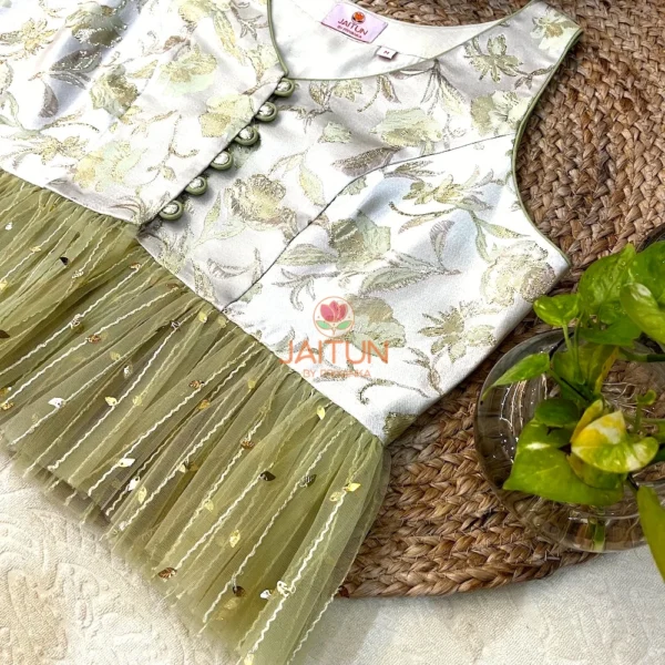 Detailed close-up of the Designer Olive Garden Brocade Peplum Blouse, showing floral brocade pattern and center buttons.
