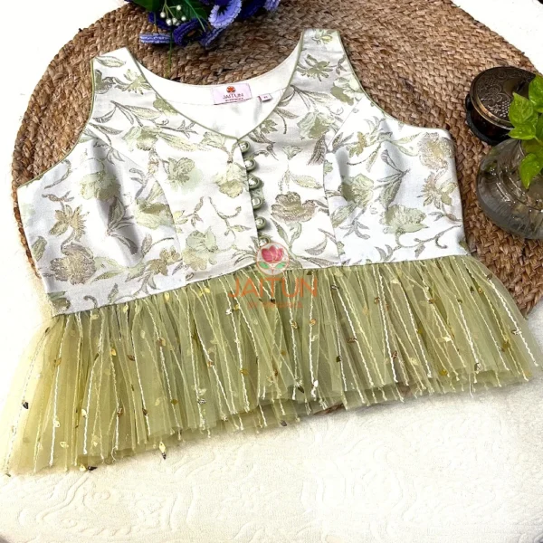 Front view of Designer Olive Garden Brocade Peplum Blouse from Bridal & Wedding Collection, featuring floral embroidery and tulle detailing.