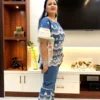 Front view of embroidered cotton co-ord set in blueish grey and white – party wear outfit by Jaitun