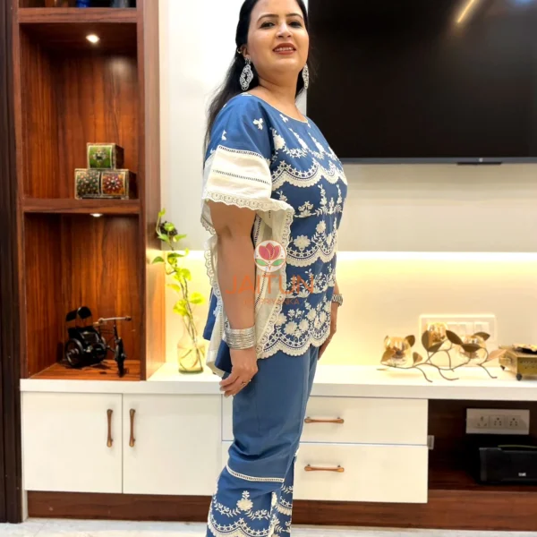 Front view of embroidered cotton co-ord set in blueish grey and white – party wear outfit by Jaitun