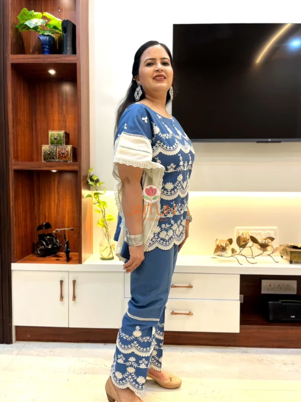 Front view of embroidered cotton co-ord set in blueish grey and white – party wear outfit by Jaitun