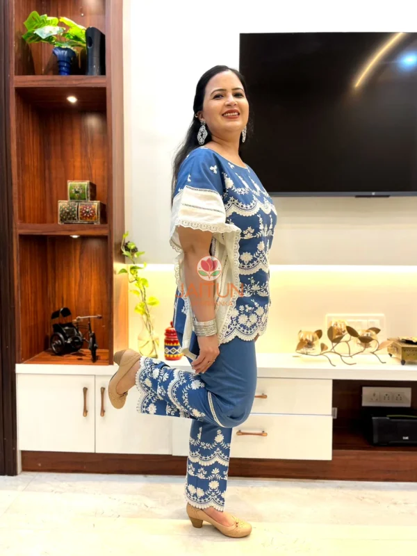 Model wearing blueish grey embroidered co-ord set – perfect for Indian parties – Jaitun