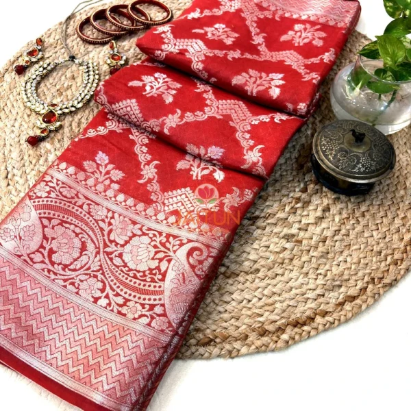 Close-up of zari floral border on Crimson Regal Banarasi Silk Saree