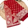Regal red Banarasi silk saree display with antique gold zari floral border and elegant motifs, styled for wedding and festive wear