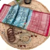 Banarasi Saree with Accessories Display Sea Green Banarasi Silk Saree displayed with traditional accessories