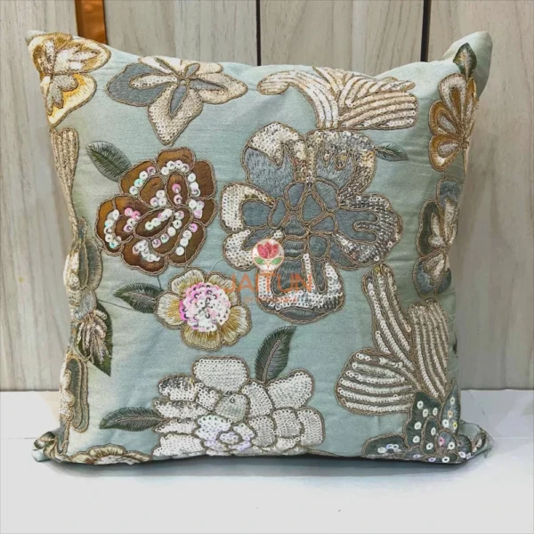 Zari Bloom Sequin Cushion Cover Greyish Blue Closeup - Embroidered Zari Flowers with Shimmering Sequins on Stylish Pillow