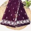 Deep wine Banarasi silk saree with silver zari floral border and scattered floral buti motifs (full view).
