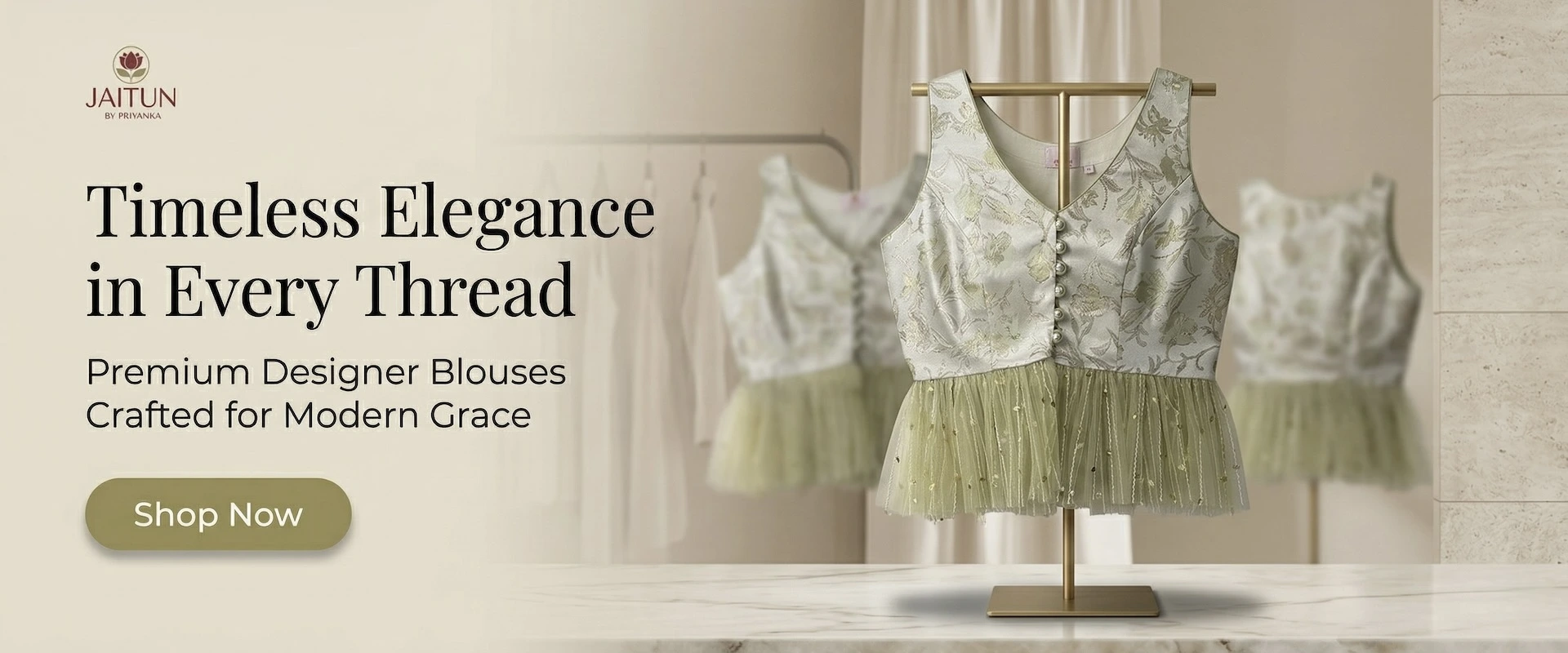 Premium designer blouse on stand by Jaitun featuring elegant embroidery for modern ethnic wear