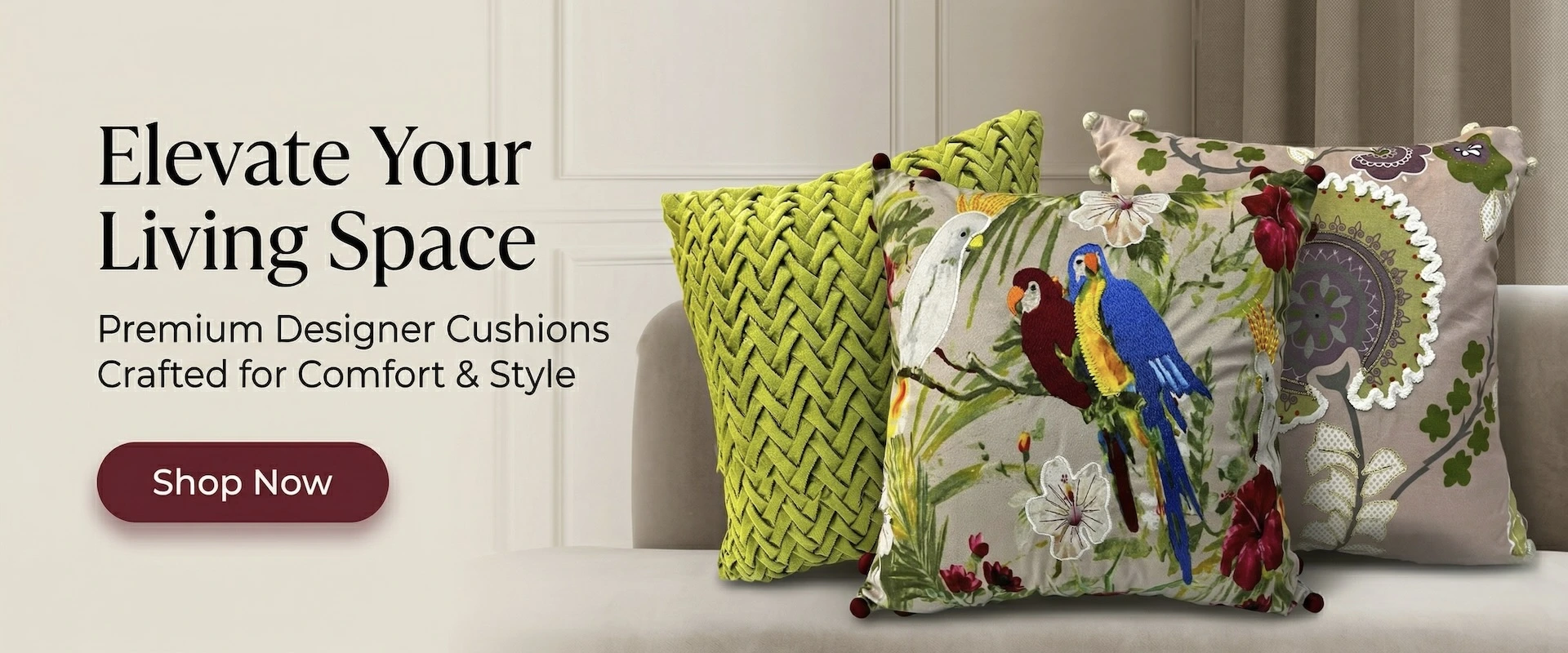 Premium designer cushions with colorful embroidery by Jaitun styled on a modern sofa for home decor