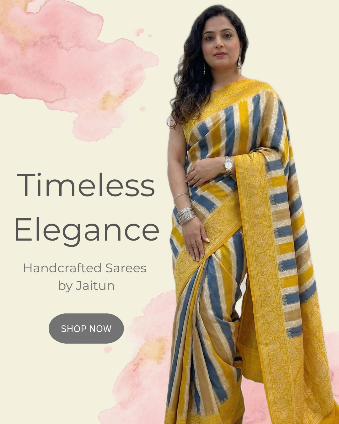 Elegant yellow and grey striped saree with detailed zari work by Jaitun perfect for festive and modern ethnic wear