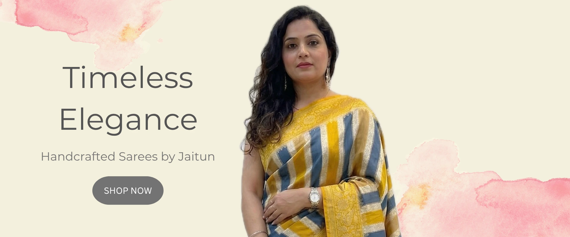 Woman wearing yellow and grey striped handwoven saree with intricate zari border by Jaitun showcasing modern ethnic elegance