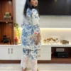 Angled side view of Floral Bloom Co-Ord Set highlighting gathered tunic and lace side trim