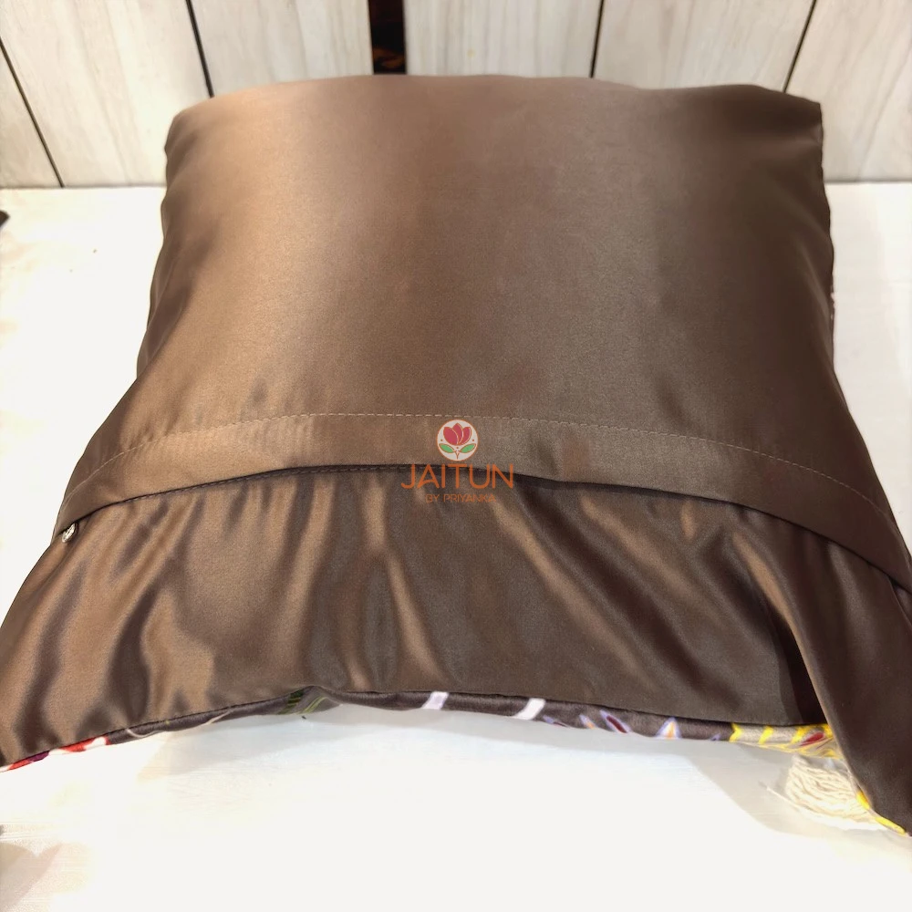 Back side of Crane Garden Cushion Cover with premium brown fabric and concealed envelope closure.