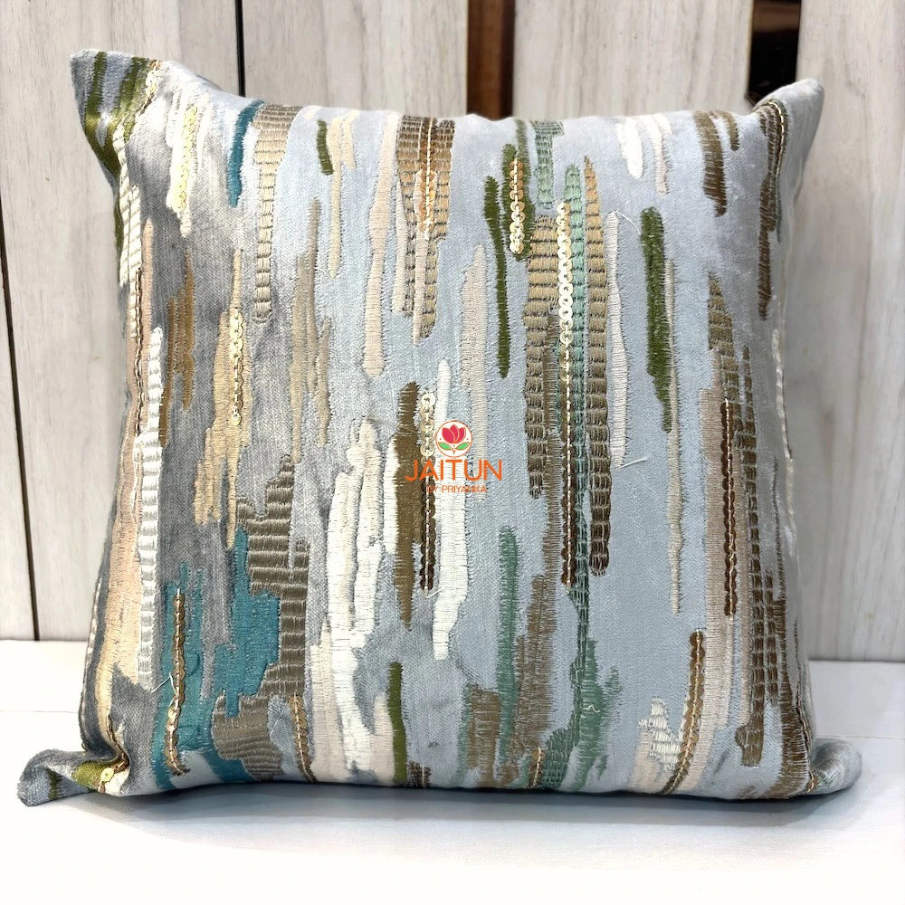 Silver Sage Abstract Embroidered Velvet Cushion Cover – Front View Silver Sage Abstract Embroidered Velvet Cushion Cover featuring textured embroidery in silver grey, sage green and ivory tones