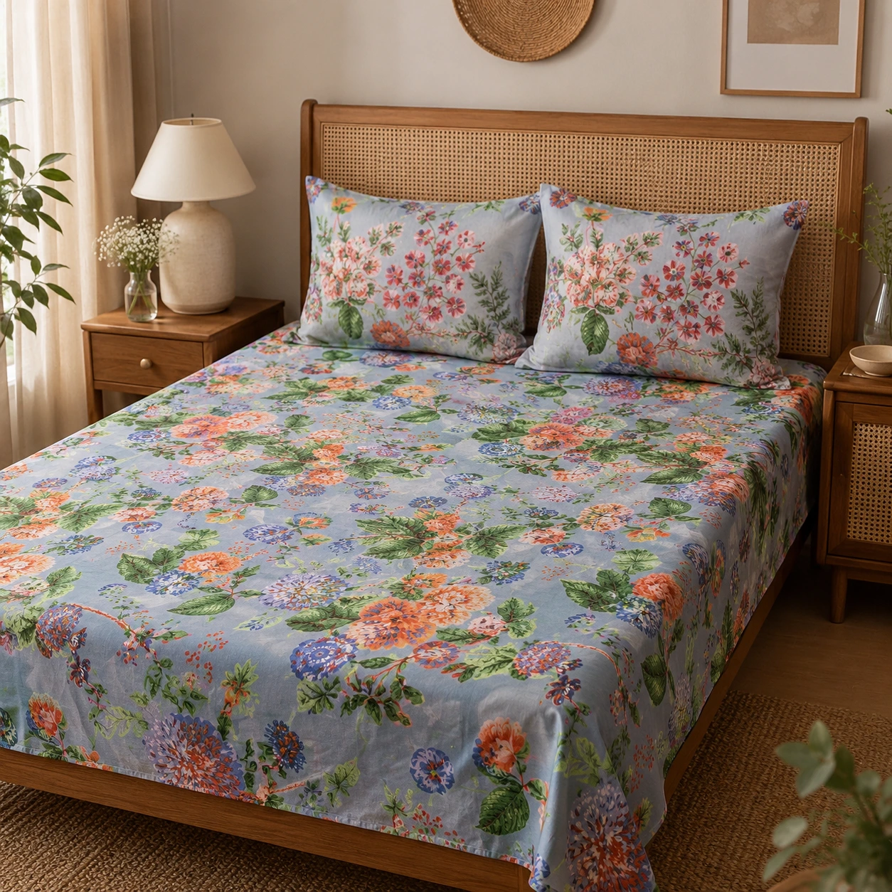 bluebell-blossom-printed-double-bedsheet-detail-0n-bed Placed on bed Bluebell Blossom double bedsheet featuring blue, orange and green floral botanical print