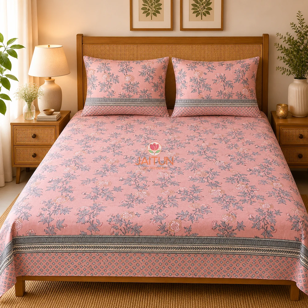 Blush Carnation Double Bedsheet with Pillow Covers Blush Carnation pink floral double bedsheet with two matching pillow covers styled on a double bed